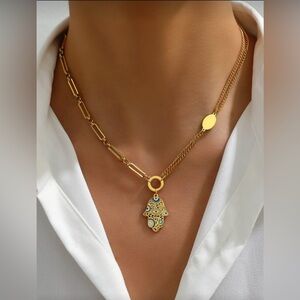 Gold Plated Stainless Steel Hamsa Evil Eye Pendant Necklace Layered Chain